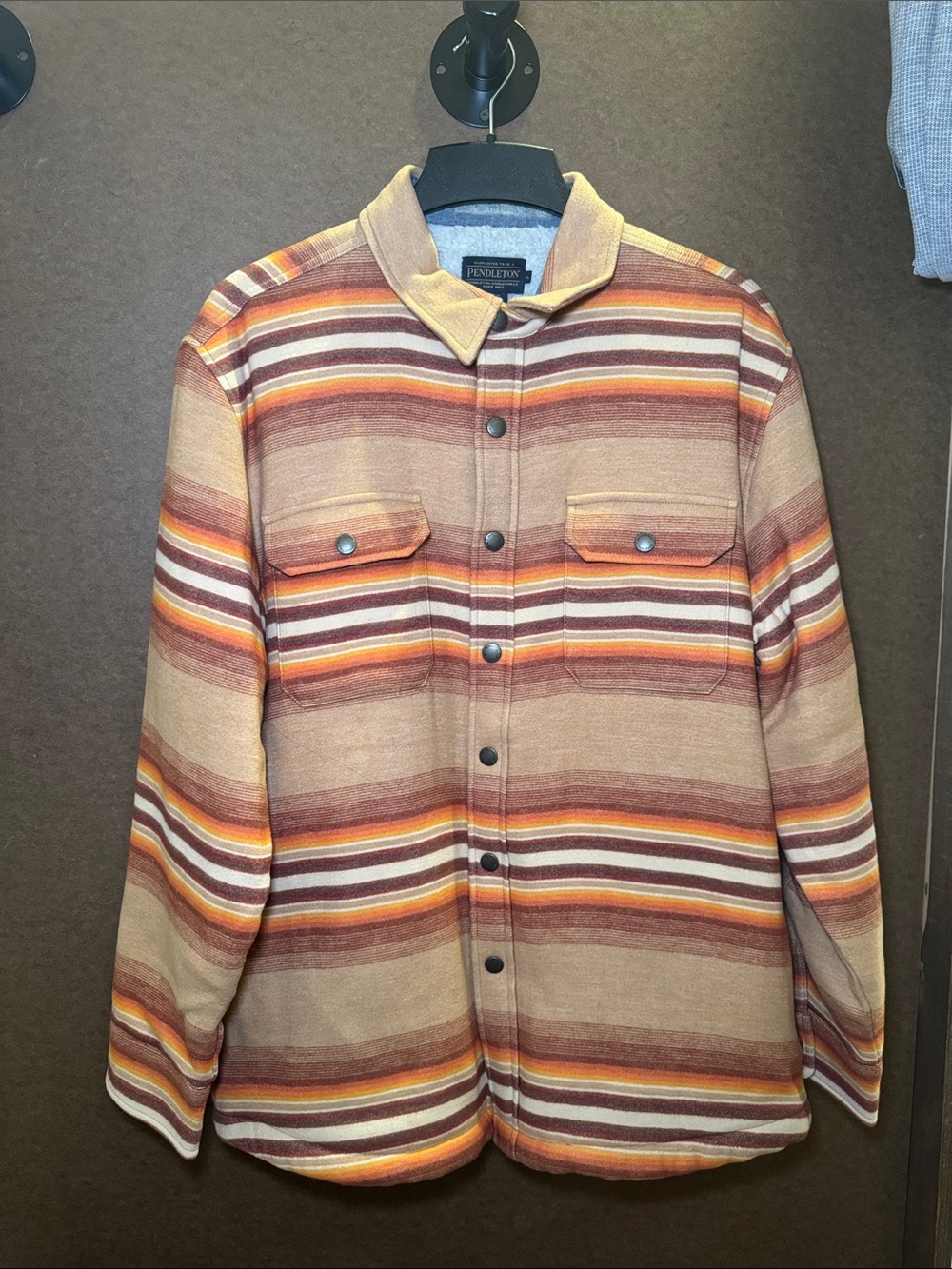 Pendleton Striped Wool Shirt Jacket in Tan, Rust & Orange